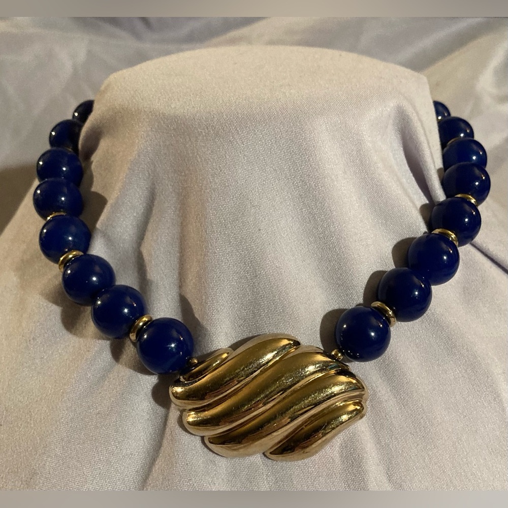 AVON Gold Swirl and Blue Beaded Necklace